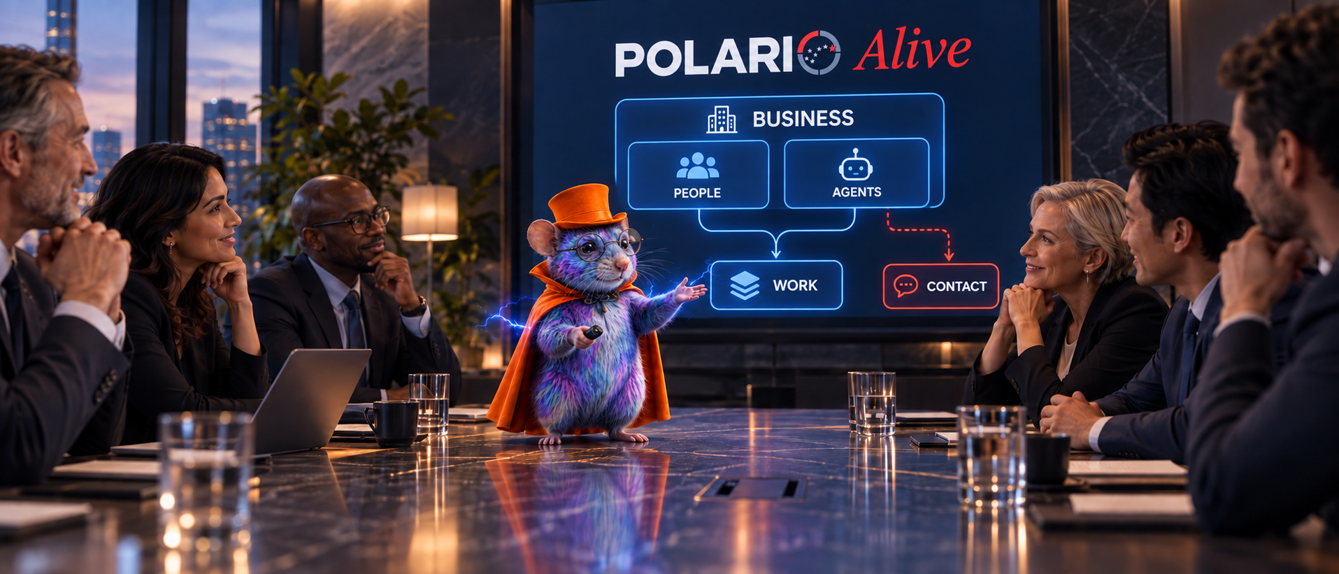 Magician Radley presents the POLARIO Alive business, work, and contact hierarchy to a board of directors