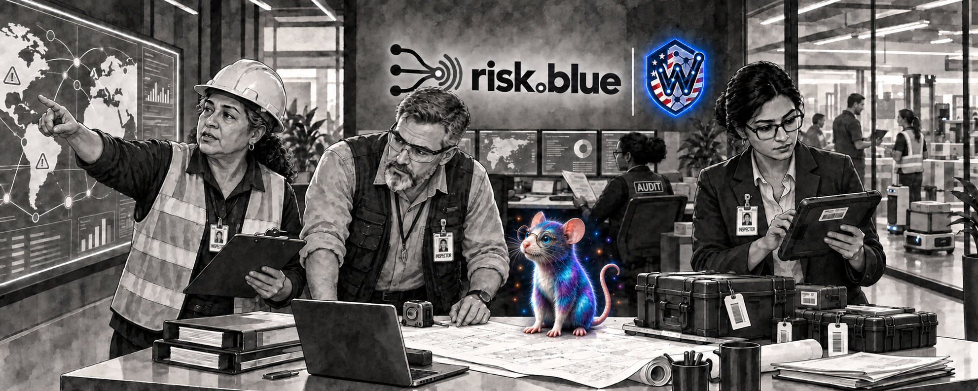 Risk Blue inspectors work while a glowing photorealistic Radley watches proudly